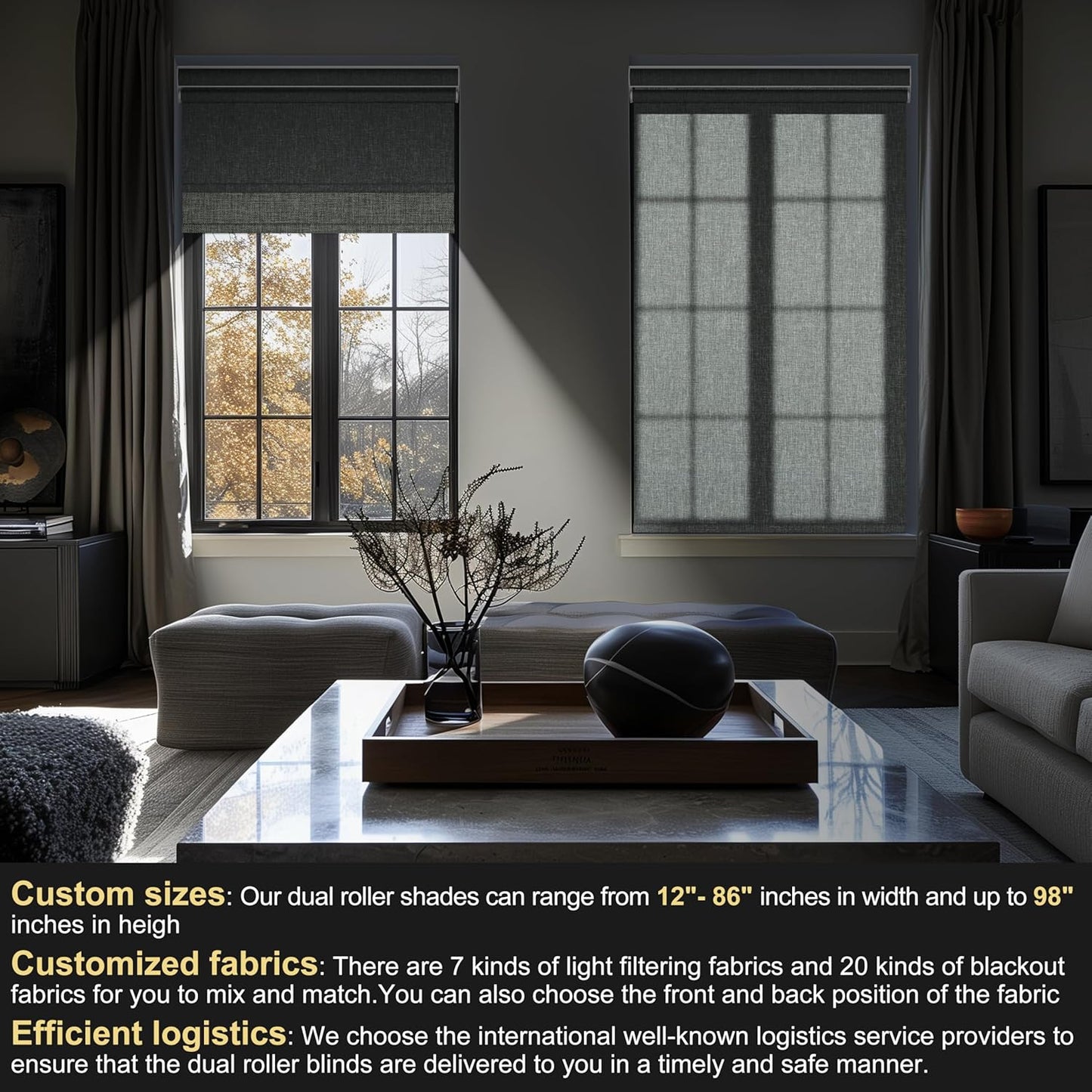 BERISSA Cordless Dual Roller Shades With Cassette Valance, Blackout and Light Filtering, Day and Night for Home Office Door - Linen Grey, 37 W x 36" H