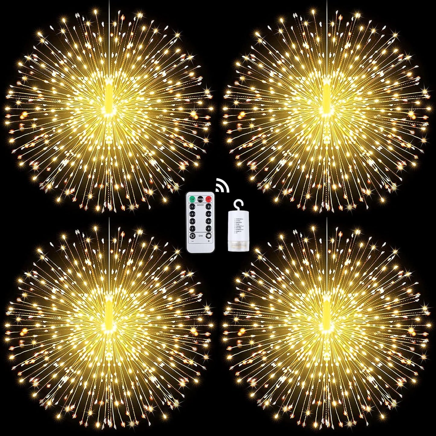 Techip 4 Pcs 225Led Lights Battery Operated Fairy Lights Copper Wire with Remote 8 Modes Wedding Hanging String Lights Christmas Decorative Lights Outdoor Indoor Decoration,Warm White