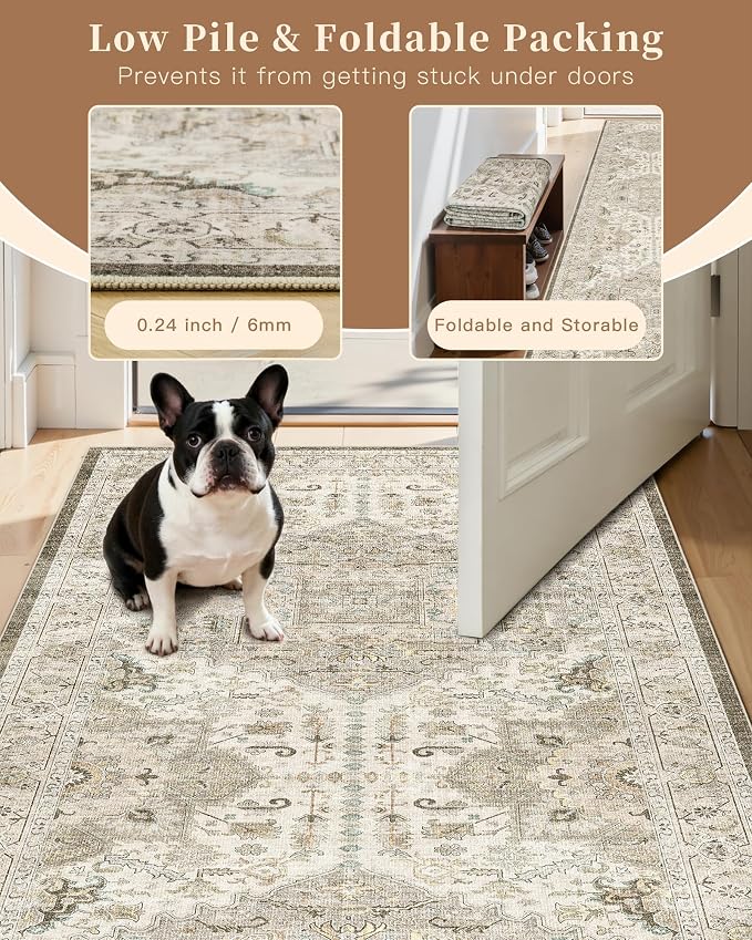 Madane 6x9 Area Rugs for Living Room, Vintage Washable Rug, Ivory/Brown | Stain - Image 6