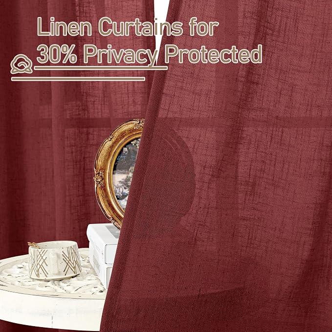 Burgundy Red Semi Sheer Window Linen Curtains 63 Inch Length | Light Filtering - Image 5
