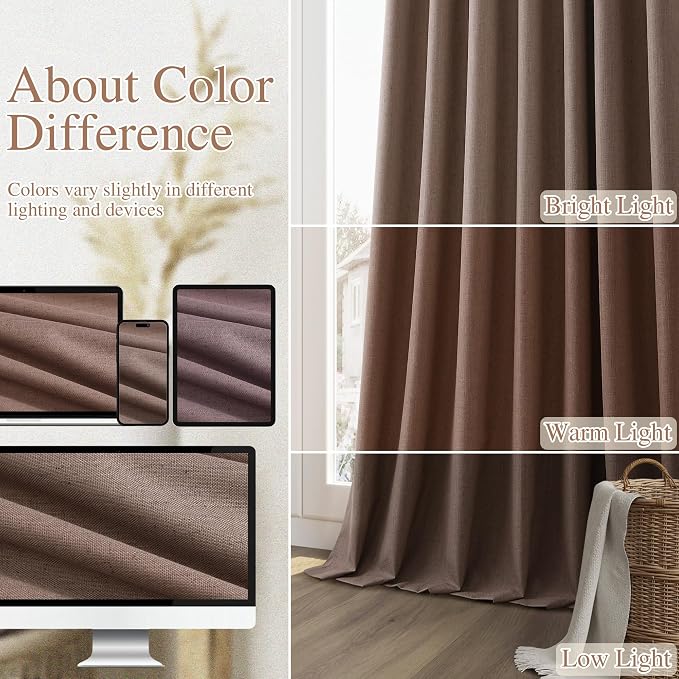 Mocha Mousse 100% Blackout Linen Curtains 96 Inch Length 2 Panels Set - Image 7
