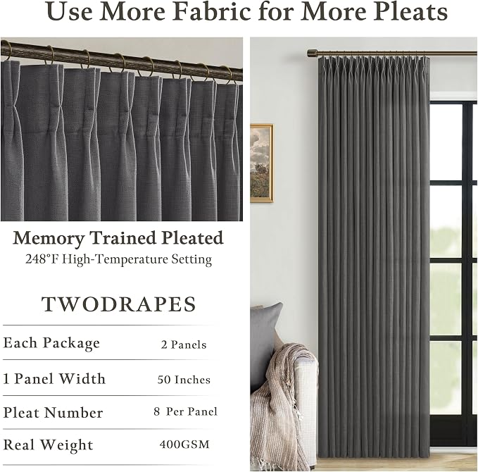 Grey Pinch Pleated Linen Light Filtering Sheer Curtains 86 Inches Length | Grey - Image 4