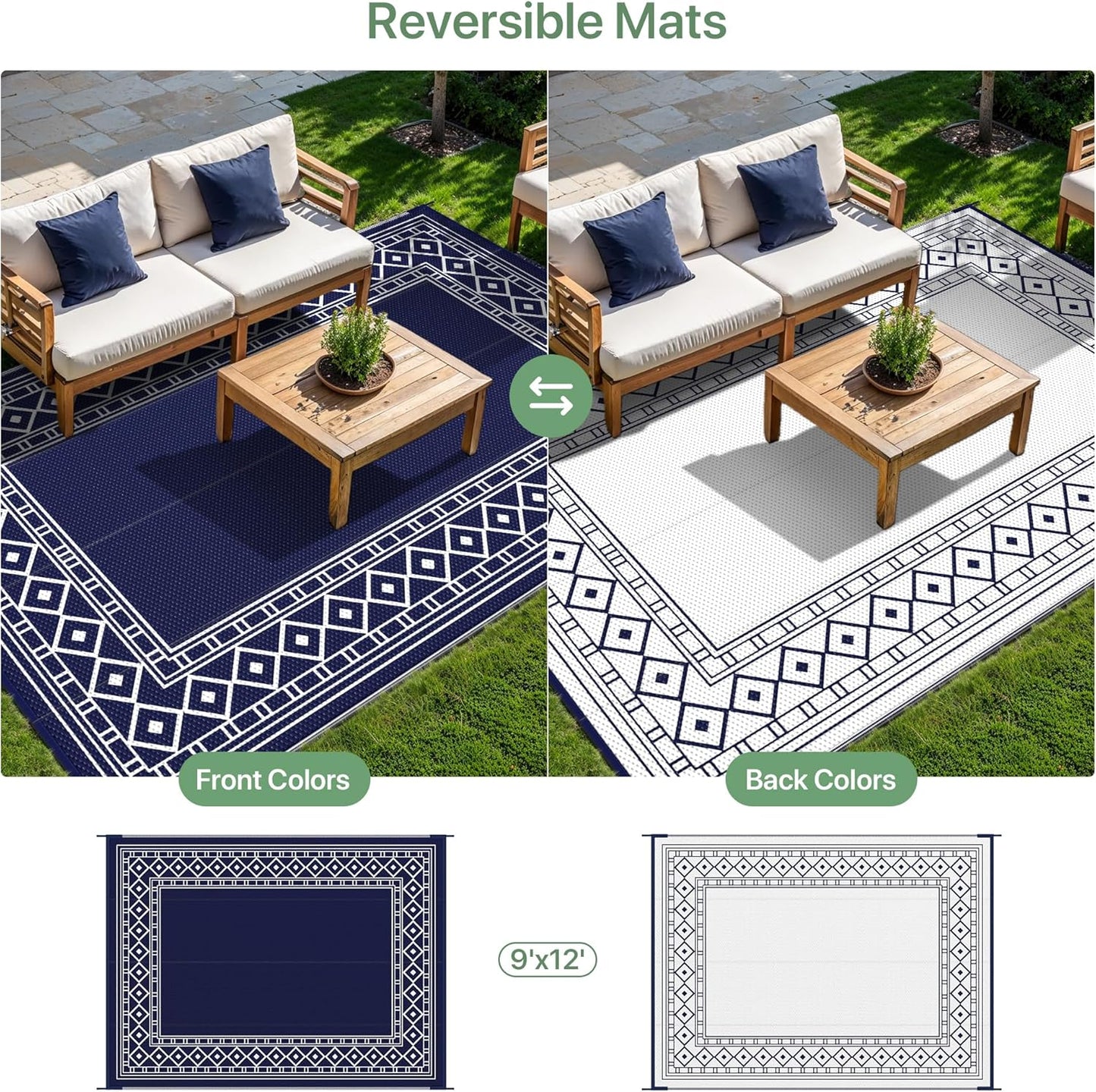 GENIMO Outdoor Rug Waterproof for Patio Decor, 9'x12' Foldable Reversible Plastic Straw Carpet for Travel Trailers, Outside Area Mat for Rv, Deck, Picnic, Porch, Camper, Balcony, Beach, Blue & White