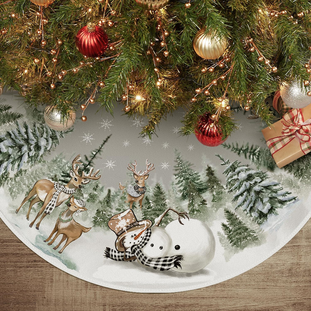 AVOIN colorlife Snowman Reindeer Snowflake Christmas Tree Skirt 36 Inch, Winter Holiday Tree Mat Decoration