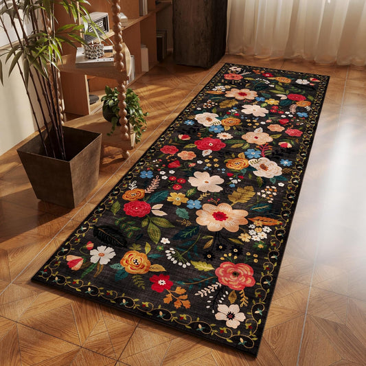 Runner Rug for Hallways Kitchen Rug Non Slip 2'6''x8' Washable Runner Rugs with Rubber Backing Soft Floral Carpet Runner for Hallways, Kitchen, Laundry, Bedroom, Bathroom(Black)