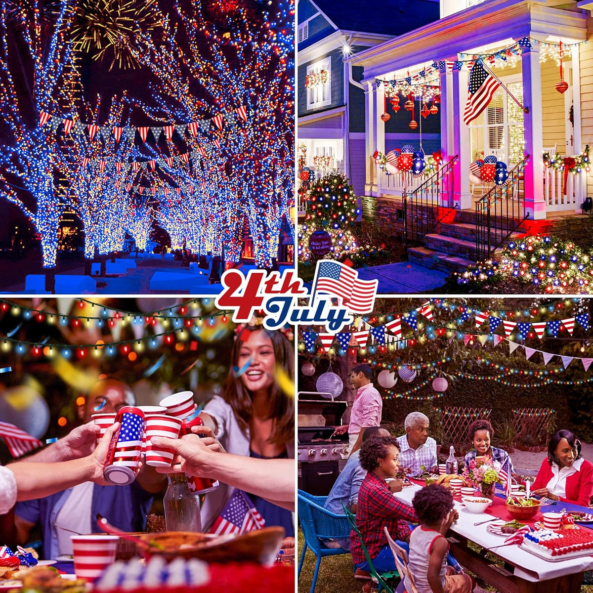 Hopolon Red White and Blue Mini Lights,2PACK 50Count 4th of July Patriotic String Lights Green Wire,13FT Incandescent Independence Day Light for Indoor Outdoor Christmas Party Decor,Red White Blue