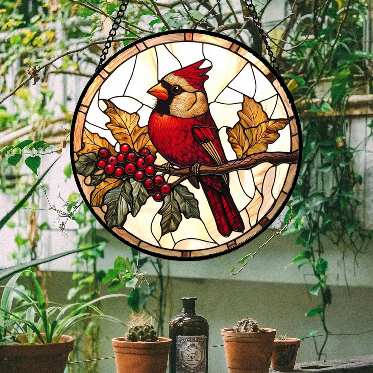 Stained Glass Window Hanging, Birds on a Branch Cardinal Sun Catchers Diamond Glass Panel Hangings Suncatcher Decor for Birthday for Women, Men, Wife, Aunt, and Mom 14.9x14.9 in