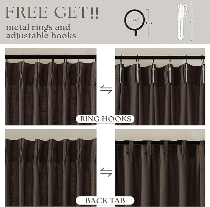 Dark Chocolate 102 Inch Pinch Pleated Semi Sheer Linen Curtains 2 Panels | - Image 5