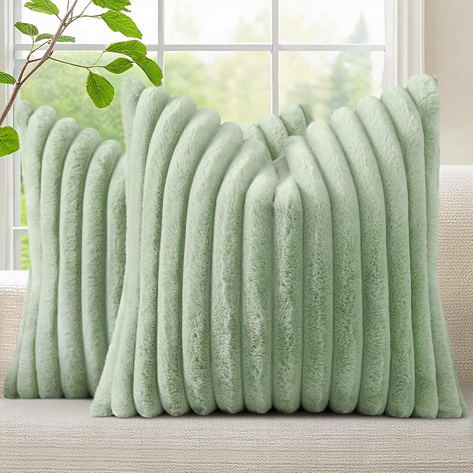 decorUhome Fall Faux Fur Throw Pillow Covers 16x16 Set of 2 Sage Green | by decorUhome