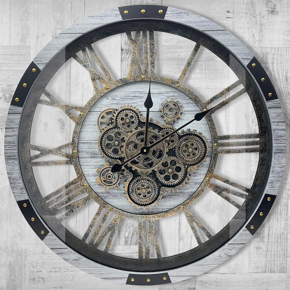 DORBOKER 24" Large Wall Clock with Moving Gears,Oversize Vintage Industrial Rustic Farmhouse Clocks for Living Room Decor Office Home,Solid Wood HD Tempered Glass Cover,Silver Grey