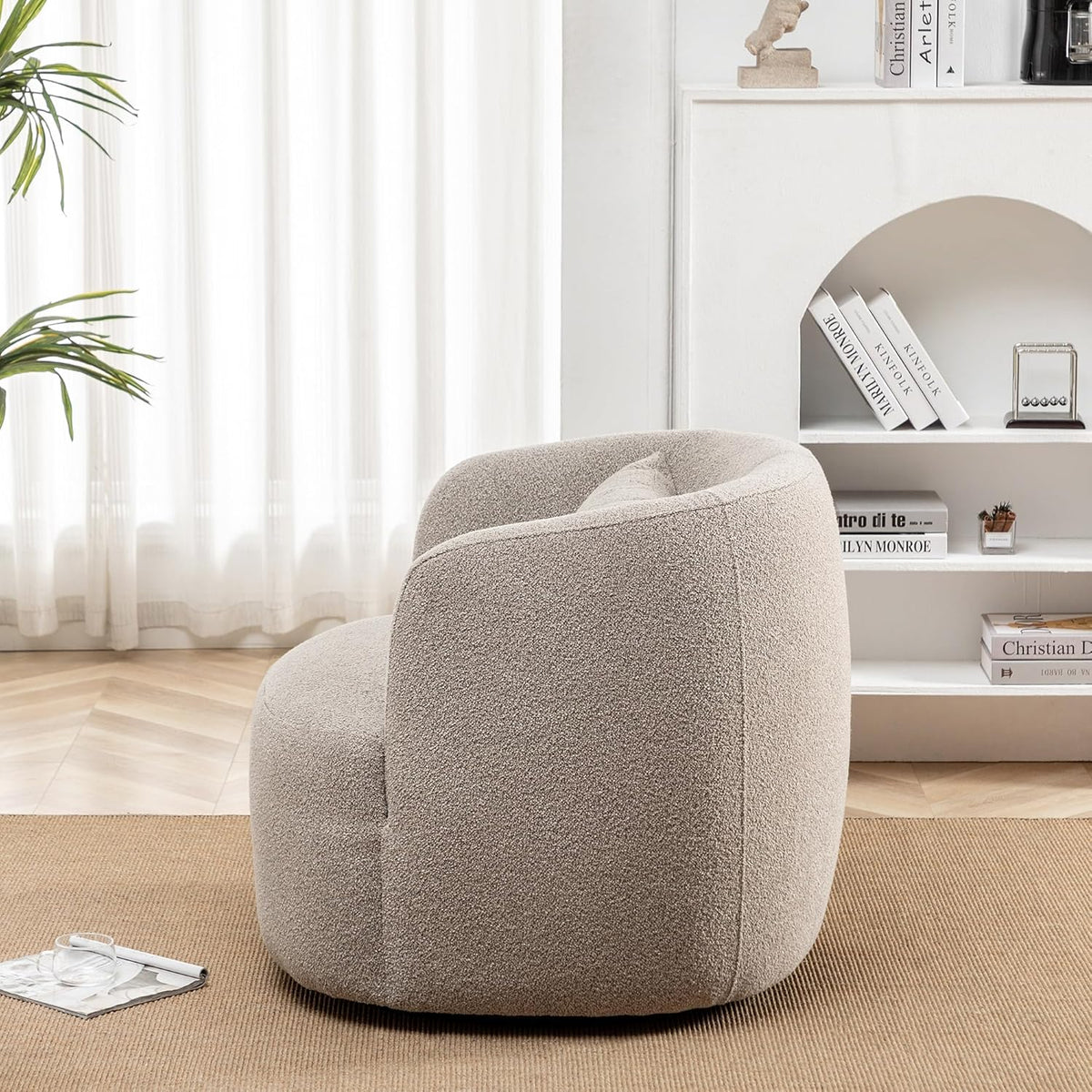 KINWELL 34" Wide Boucle Swivel Barrel Chair, No Assembly Round Upholstered Armchair Accent Chair Single Sofa Chair with Toss Pillow for Living Room and Bedroom, Taupe