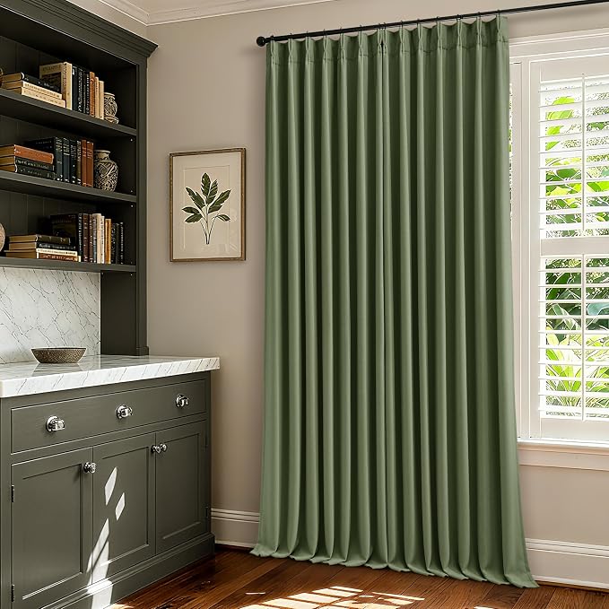 100 Inch Olive Green Linen Pinch Pleated Blackout Curtains - Image 9