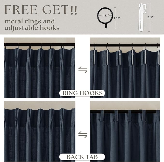 Pinch Pleated Extra Long Navy Linen Curtains 120 Inches Long | Farmhouse Modern - Image 5