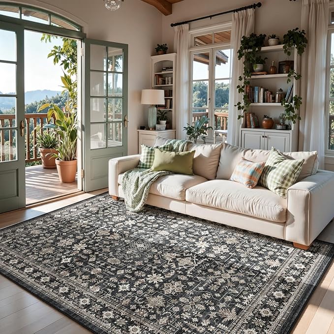 Grey Area Rug 4x6 for Living Room Bedroom | Low Pile; Non Slip;Machine - Image 4