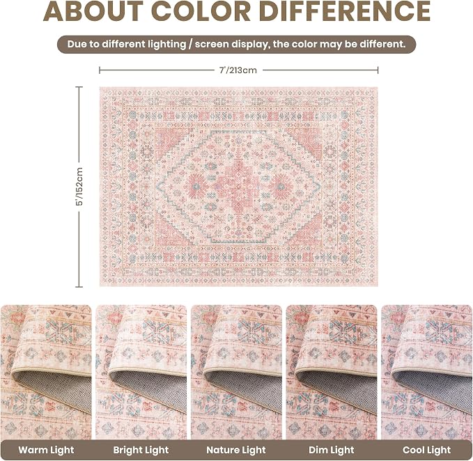 Pink Rugs for Bedroom-5x7 Area Rugs for Living Room, Girls Room | Washable Rugs - Image 2