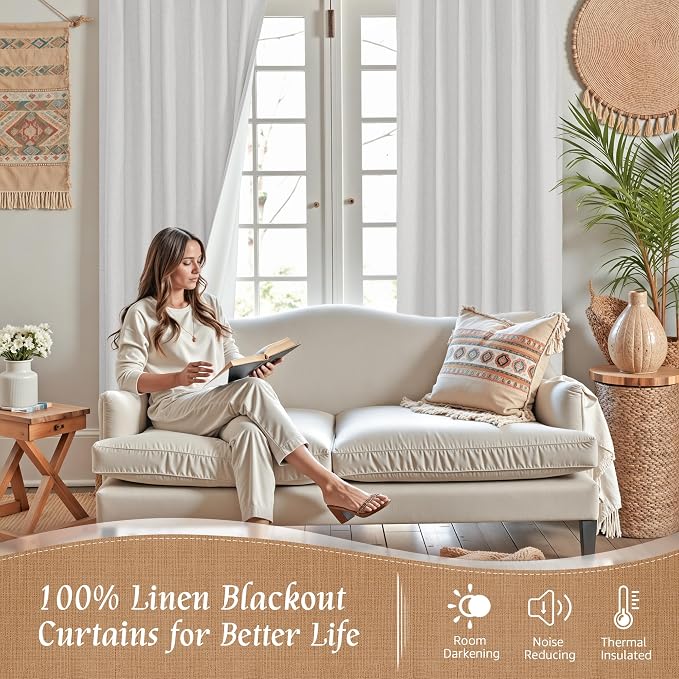 54 Inch Natural 100% Blackout Linen Curtains 2 Panels, 42 x 54 Inch | Light Grey - Image 2