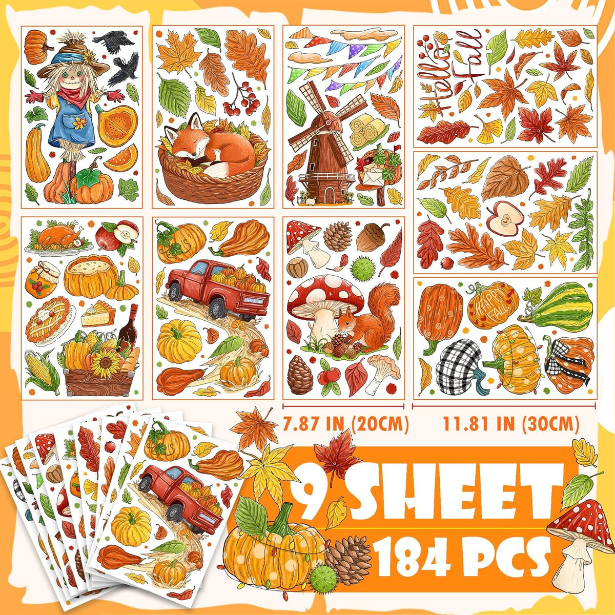 Fall Window Clings Decorations - Leaves Pumpkin Scarecrow Autumn Clings for Glass Windows, Double Sided Reusable Window Stickers, Cute Large Thanksgiving Harvest Window Decals-184 PCS/9 Sheet
