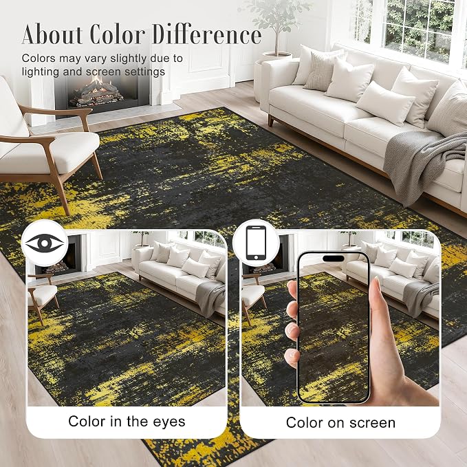 9x12 Area Rug Living Room: Modern Washable Soft Carpet Black Gold | - Image 6