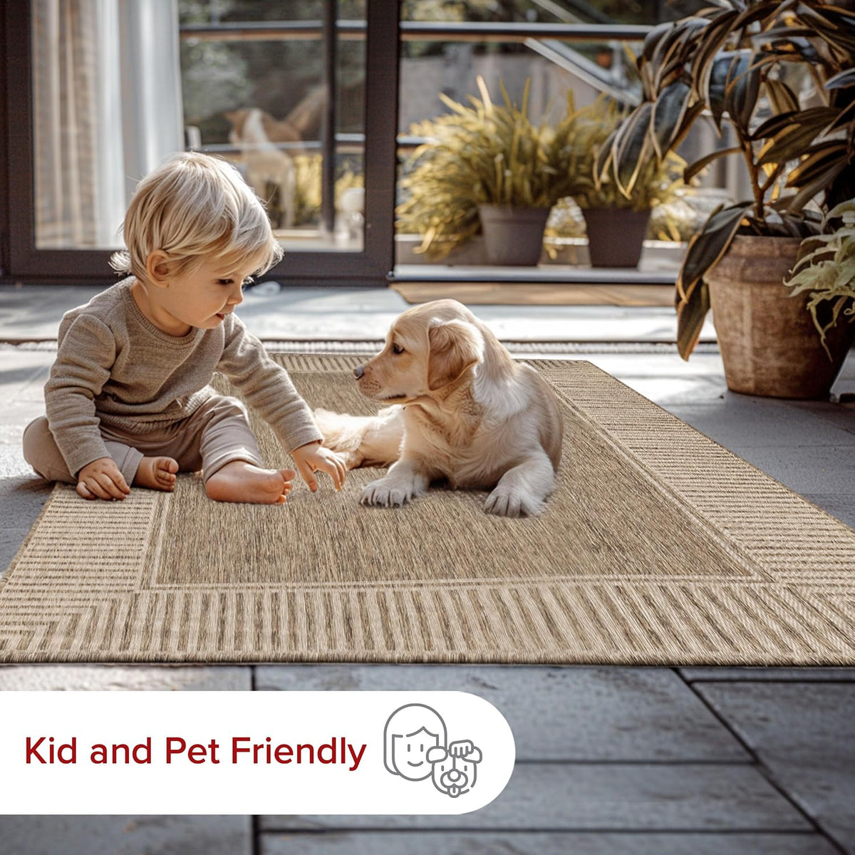 nuLOOM 6' 7" x 9' Outdoor Area Rug, Casual Design With Striped Border, Stain Resistant, Highly Durable, For Patio, Balcony, Bedroom, Living Room, Dining Room, Bathroom, Light Brown