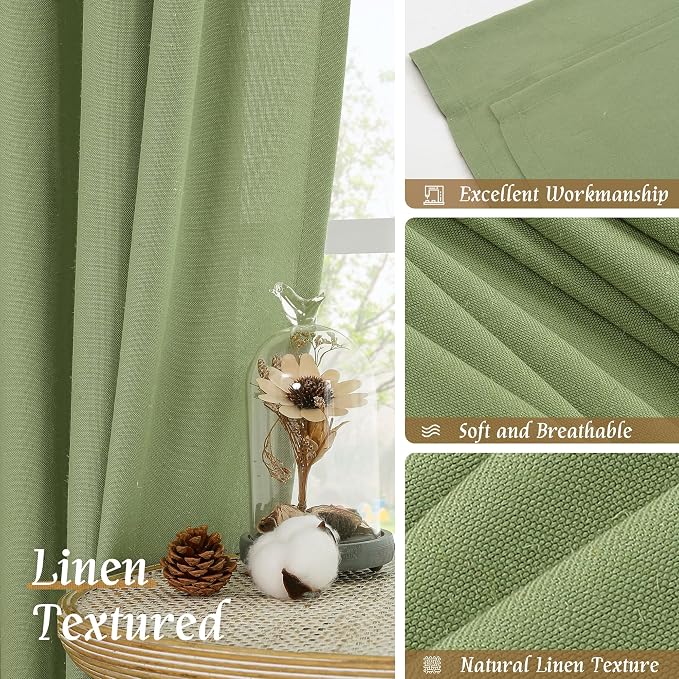 Semi Sheer Bedroom Linen Curtains 48 Inch Length 2 Panels, Sage Green | Light - Image 7