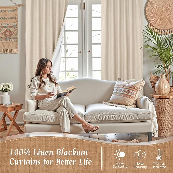 100% Blackout Linen Curtains 63 Inches 2 Panels - Image 2