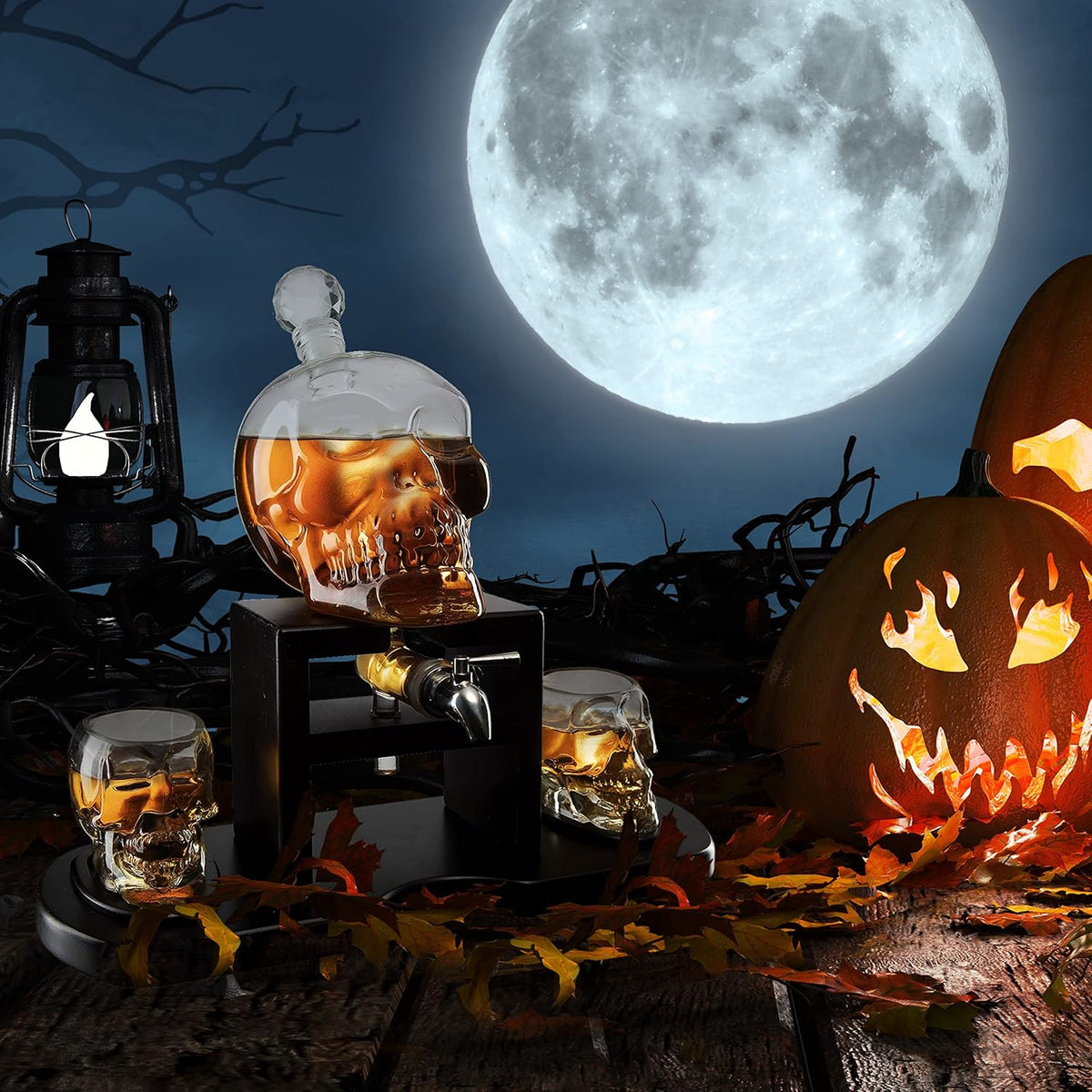 Skull Skeleton Wine & Whiskey Decanter Set 750mL with 2 Skull Shot Glasses 3oz | Gothic Skeleton Barware on Mahogany Wooden Base with Spigot | Spooky Halloween Decor Drinkware & Unique Goth Gift Idea