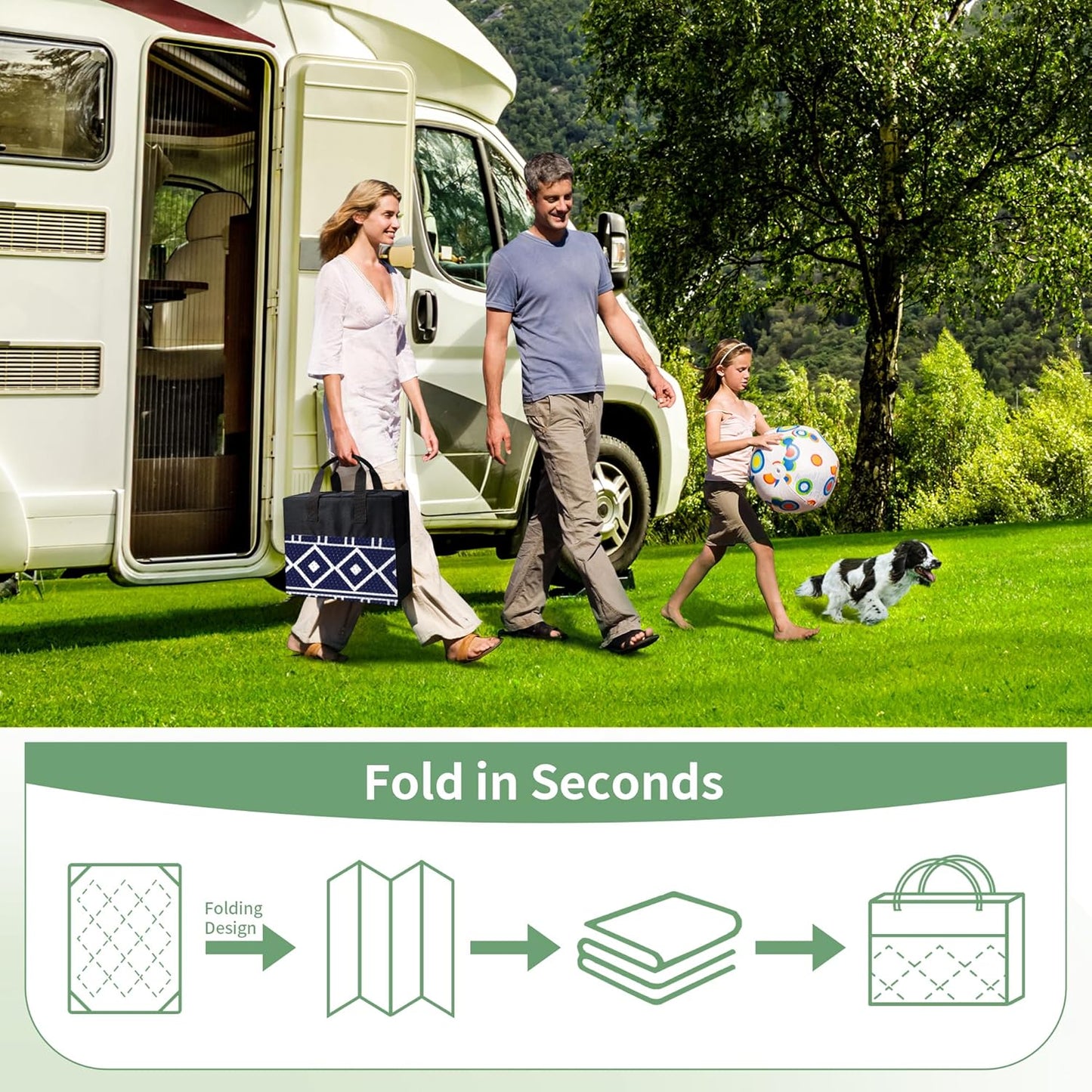 GENIMO Outdoor Rug Waterproof Area 10'x14' for Patio, Foldable Reversible Plastic Straw Carpet for Travel Trailers, Outside Mat for Rv, Deck, Picnic, Porch, Camper, Balcony, Beach, Blue & White