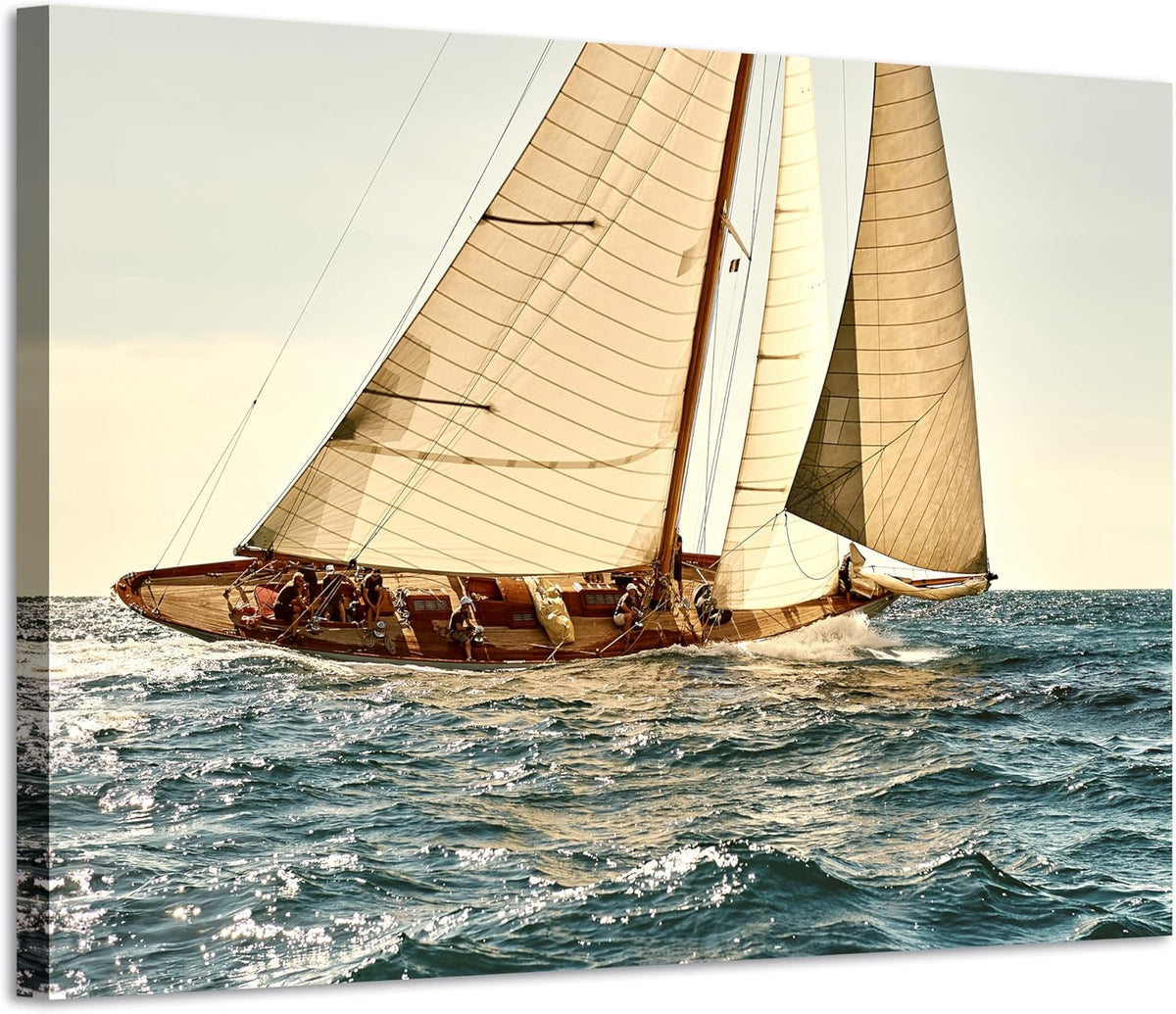 ARTISTIC PATH Coastal Nautical Canvas Wall Art - Ocean Sailboat Artwork Seascape Sailing Prints Wave Boat Picture Sunset Marine Painting for Living Room