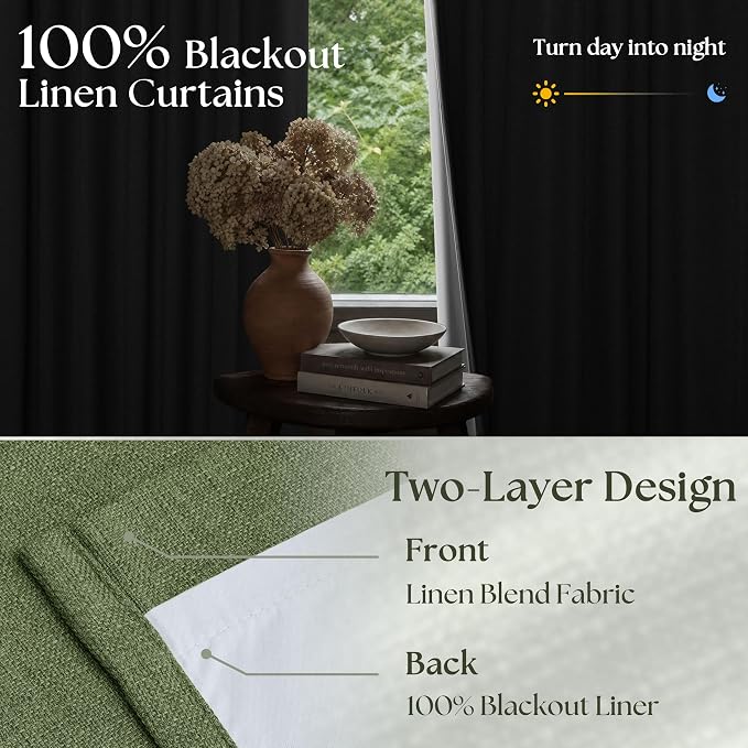 84 Inch Olive Green Linen Pinch Pleated Blackout Curtains Dual Layer | 100% - Image 2