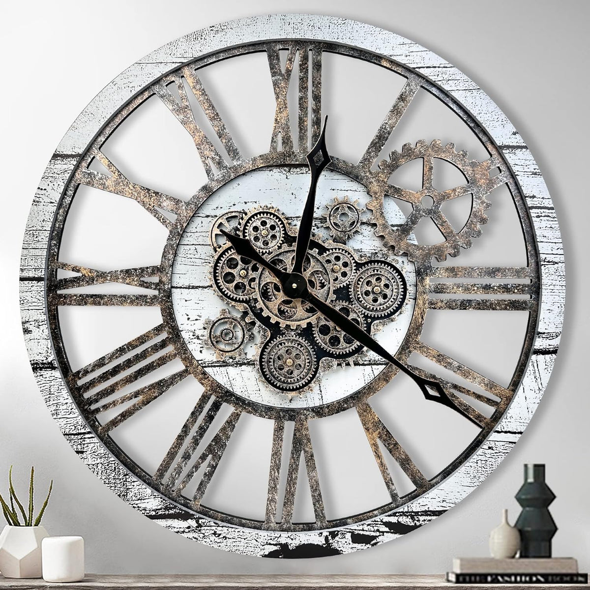 The B-Style Large Real Moving Gears Wall Clock 30 inch Rustic Retro Industrial Farmhouse Wood Clock Oversized Decorative Vintage Wall Clocks for Living Room (Gray White, 30 Inch/76CM)