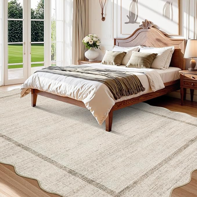 GarveeHome Scalloped Large Living Room Area Rug 8x10 Machine Washable Beige | - Image 3