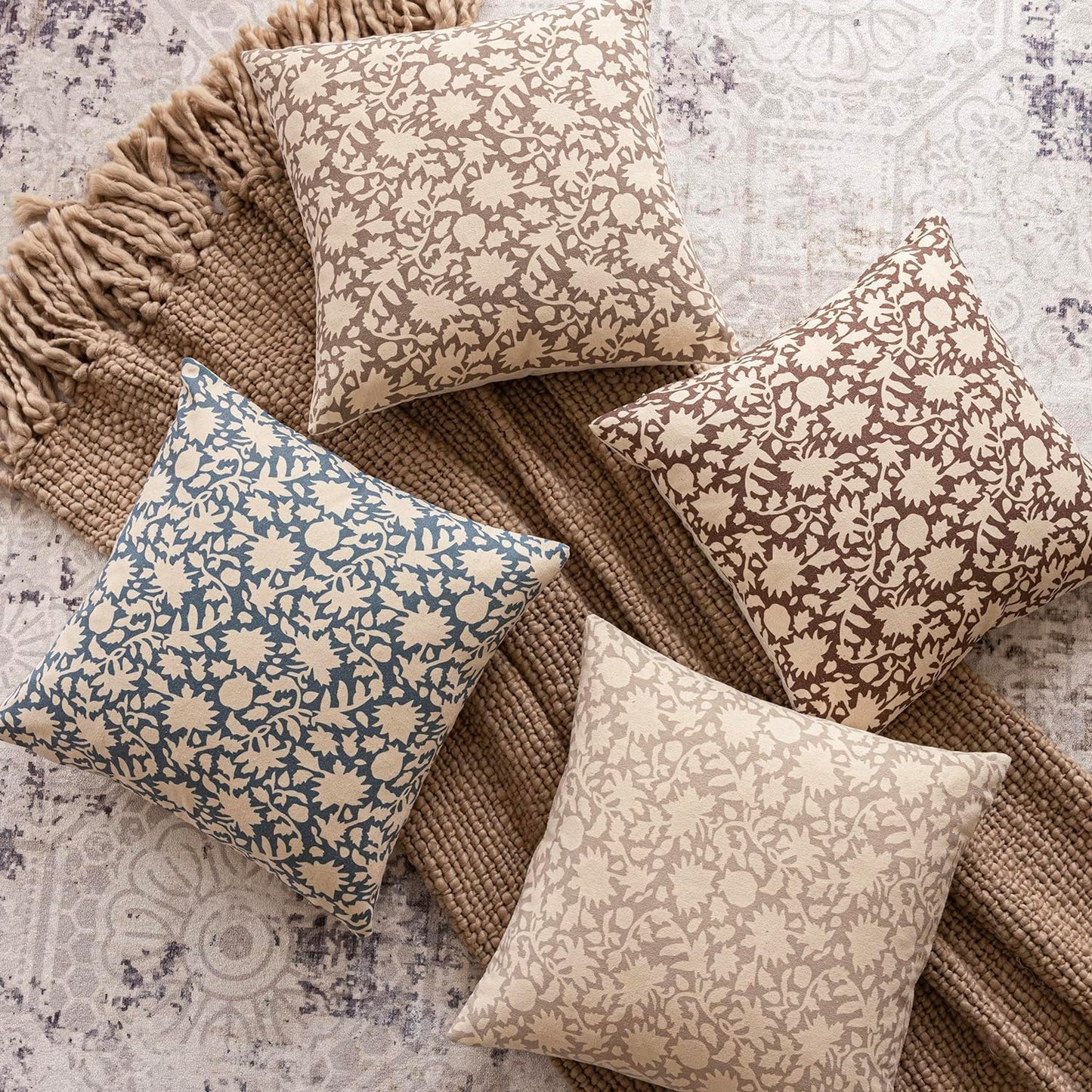Foindtower Set of 2 Decorative Neutral Floral Throw Pillow Covers Accent Farmhouse Cushion Covers Boho Vintage Pillowcase for Couch Sofa Bedroom Living Room Home Decor Outdoor,18×18 Inch,Dusty Blue