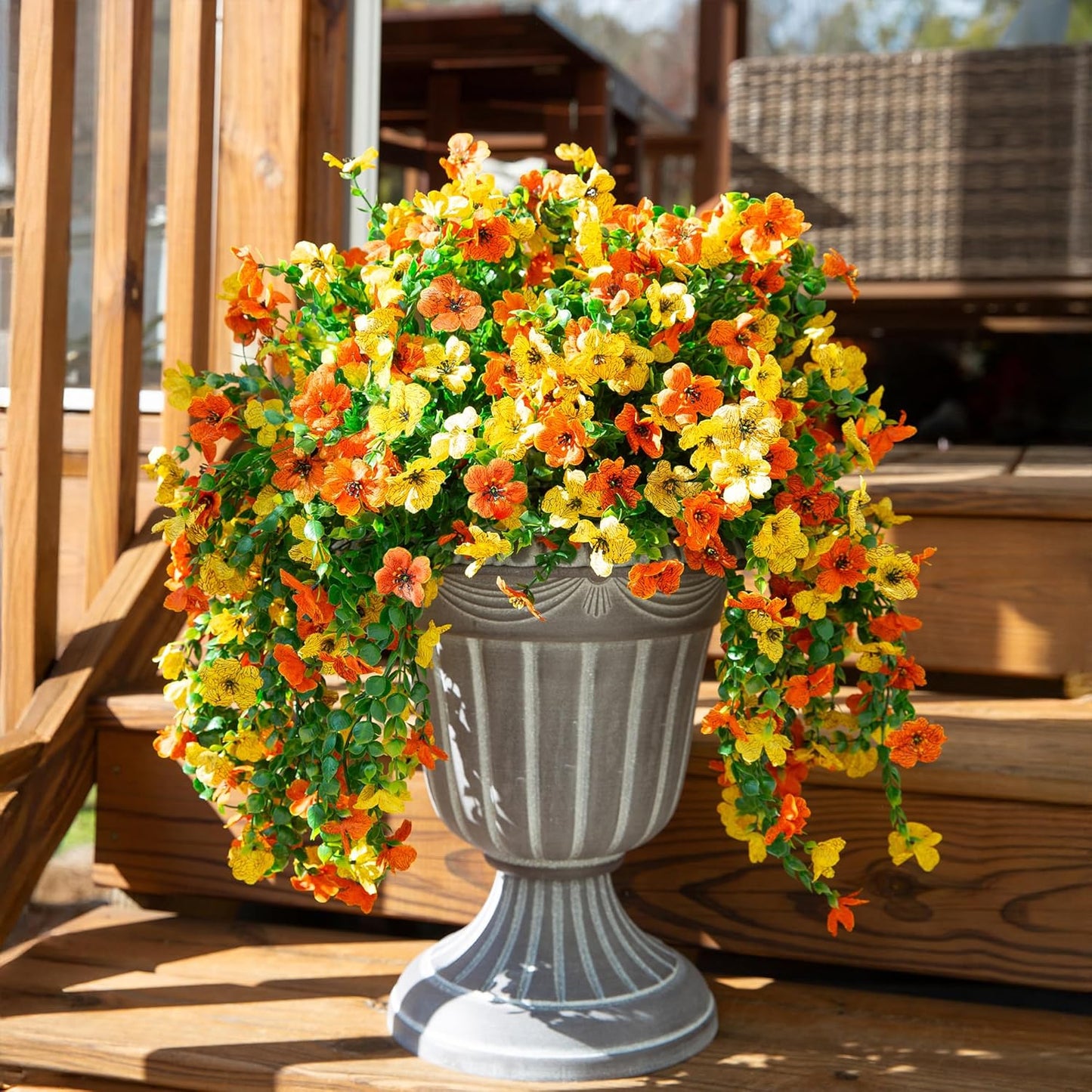 INSPRING Artificial Flowers for Outdoors Fake Mums Hanging Plants Decor, 2Pcs Silk Daisy with Eucalyptus UV Resistant Look Real Trailing Vines for Planter Front Door Patio Yard, OrangeYellow