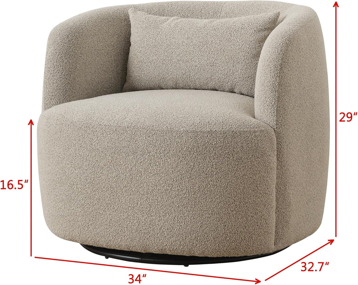 KINWELL 34" Wide Sherpa Swivel Barrel Chair, No Assembly Round Boucle Upholstered Accent Chair Armchair Single Sofa Chair with Toss Pillow for Living Room and Bedroom, Taupe