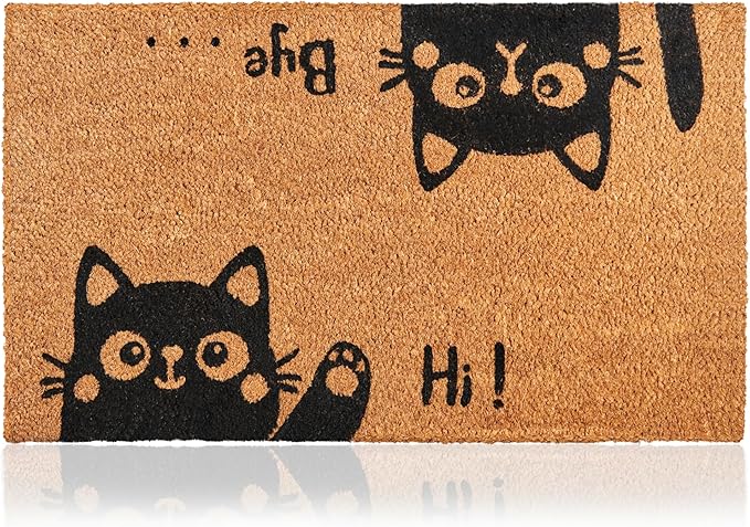 Coir Welcome Mat, Hi-Bye Cat, 17 x 29 in | 100% Natural Coir, Anti-Shedding by AmaruDoorMats