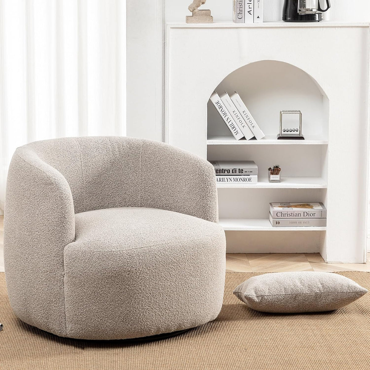 KINWELL 34" Wide Boucle Swivel Barrel Chair, No Assembly Round Upholstered Armchair Accent Chair Single Sofa Chair with Toss Pillow for Living Room and Bedroom, Taupe