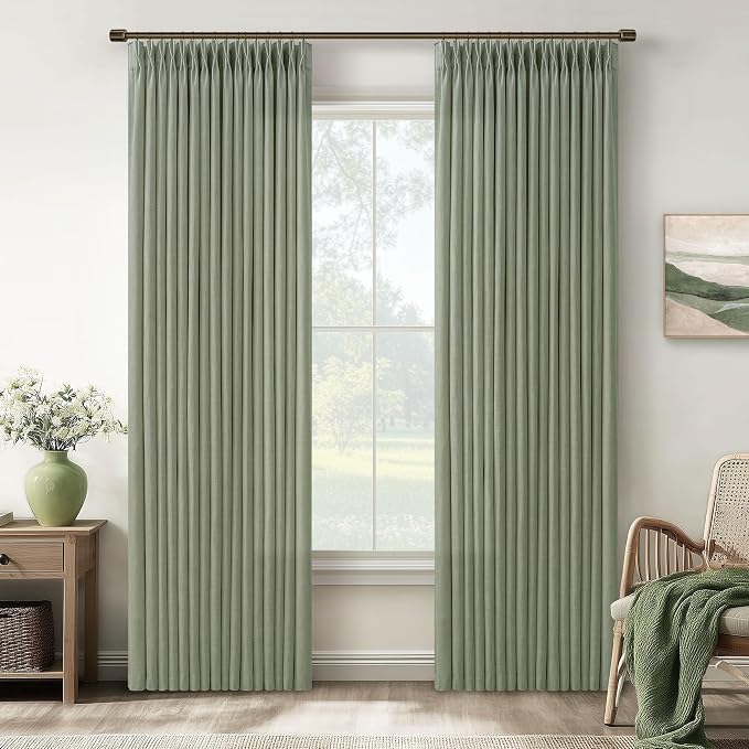 105 Inch Semi Sheer Light Green Pleated Linen Country Curtains W50xL105 | Sage by Twodrapes