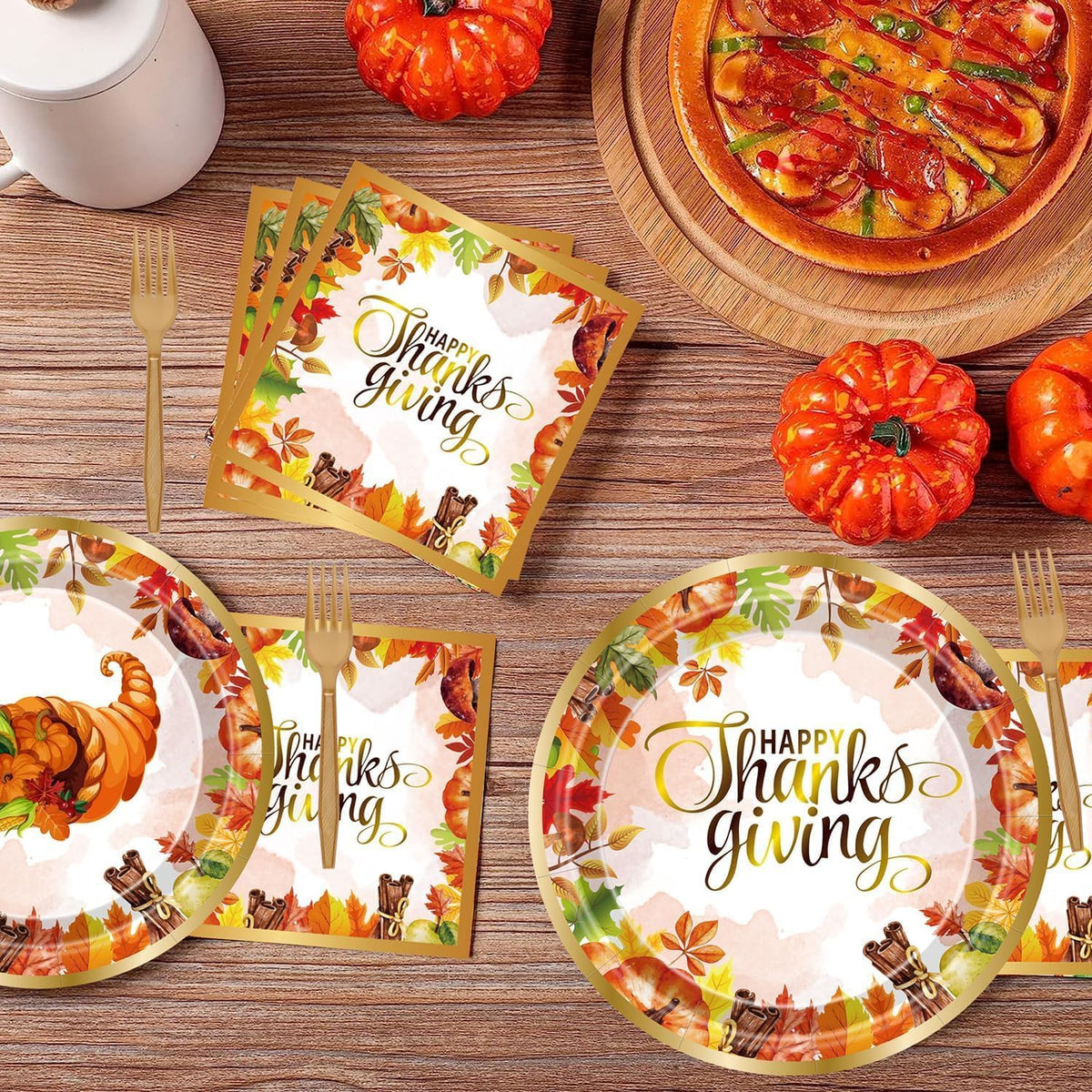 Thanksgiving Party Decorations Fall Party Supplies 96 PCS Fall Thanksgiving Disposable Dinnerware Set with Maple Leaves Gold Paper Plates Napkins and Forks for Harvest Celebrations