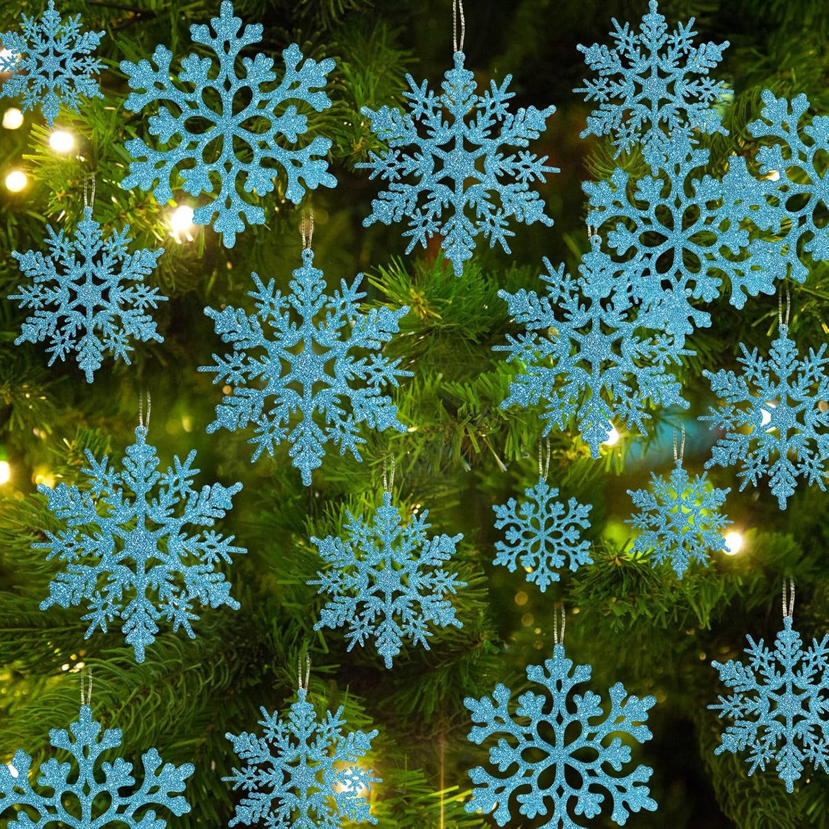 36pcs Christmas Light Blue Snowflake Ornaments Plastic Glitter Snow Flakes Ornaments for Winter Christmas Tree Decorations Size Varies Craft Snowflakes