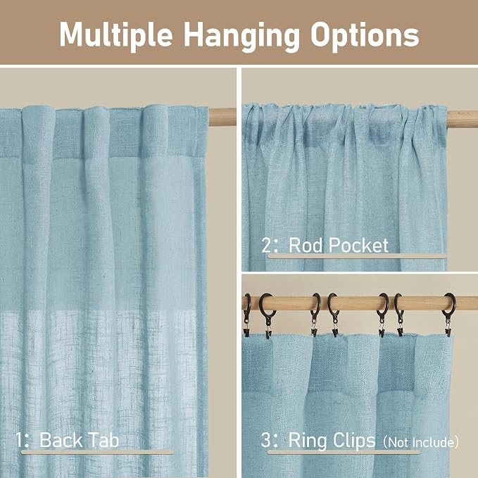102 Inches Long Linen Curtains for Living Room Bedroom 2 Panels | Semi Sheer - Image 3