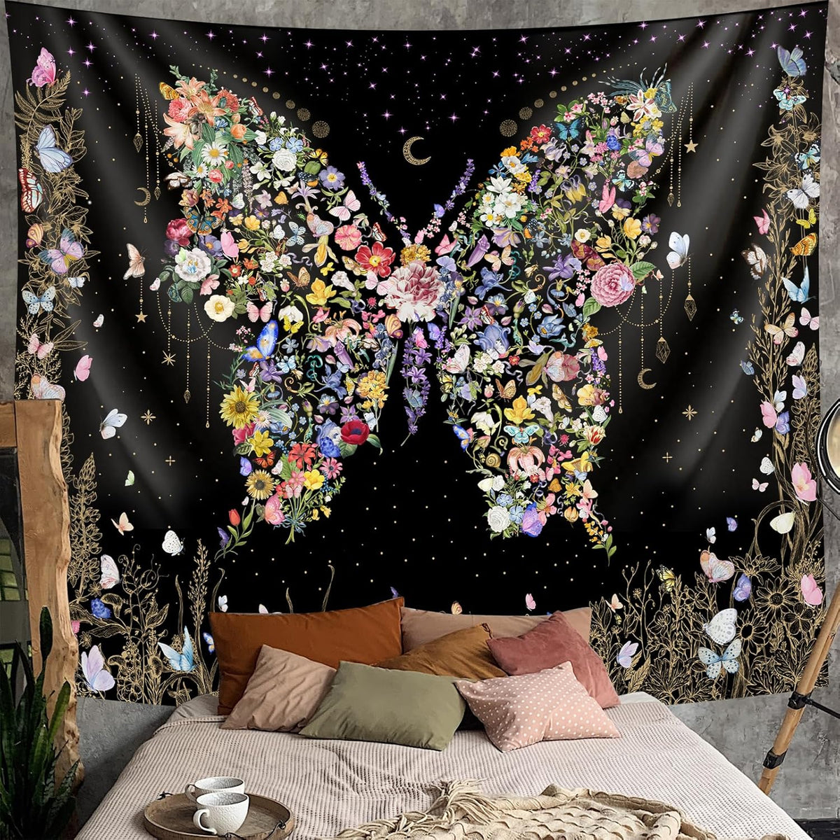 Damanse Butterfly Tapestry Wall Hanging Cute,Boho Wall Tapestry for Bedroom Aesthetic,Flower Living Room Decor for Teen Girls (Black, 59.80" x 78.70")