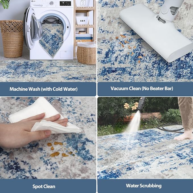 5x8 Area Rugs for Living Room Washable Bedroom Dining Room Blue Grey White | - Image 5