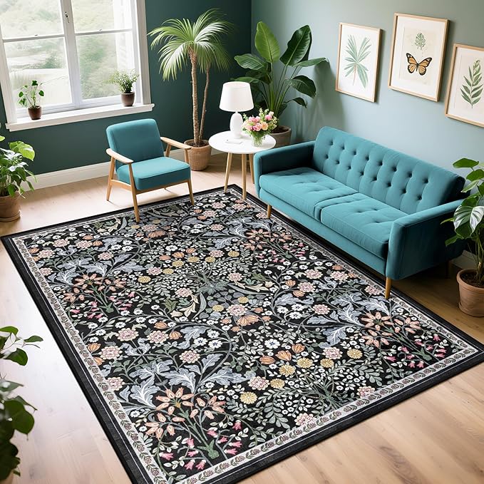 PLHXFR Area Rug Living Room: 5x7 Floral Washable Boho Carpet Dark Black | by PLHXFRSoftAreaRugs