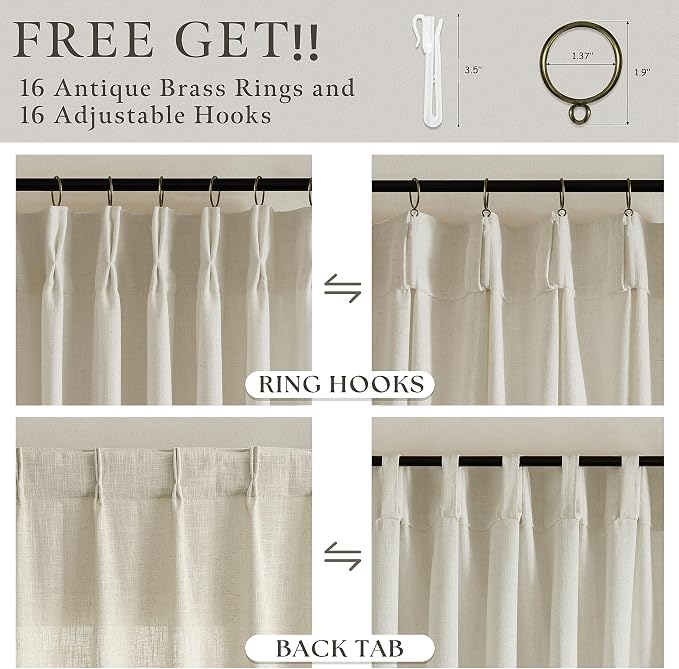 Farmhouse 94 Inch Light Filter Beige Tan Linen Pinch Pleated Curtains 50x94 | - Image 5