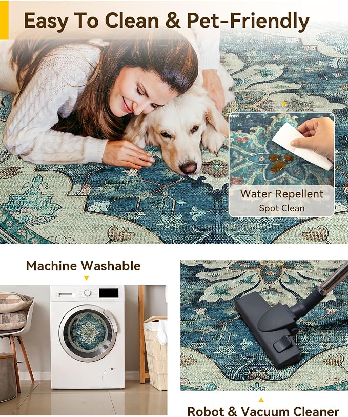 RELEANY Washable Area Rug, Round 6ft, Water Repellent, Pet Friendly, Vintage - Image 5