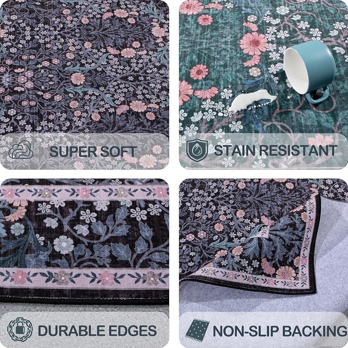 Vintage Black Living Room Rug, 6x9 Washable Area Rugs - Image 6