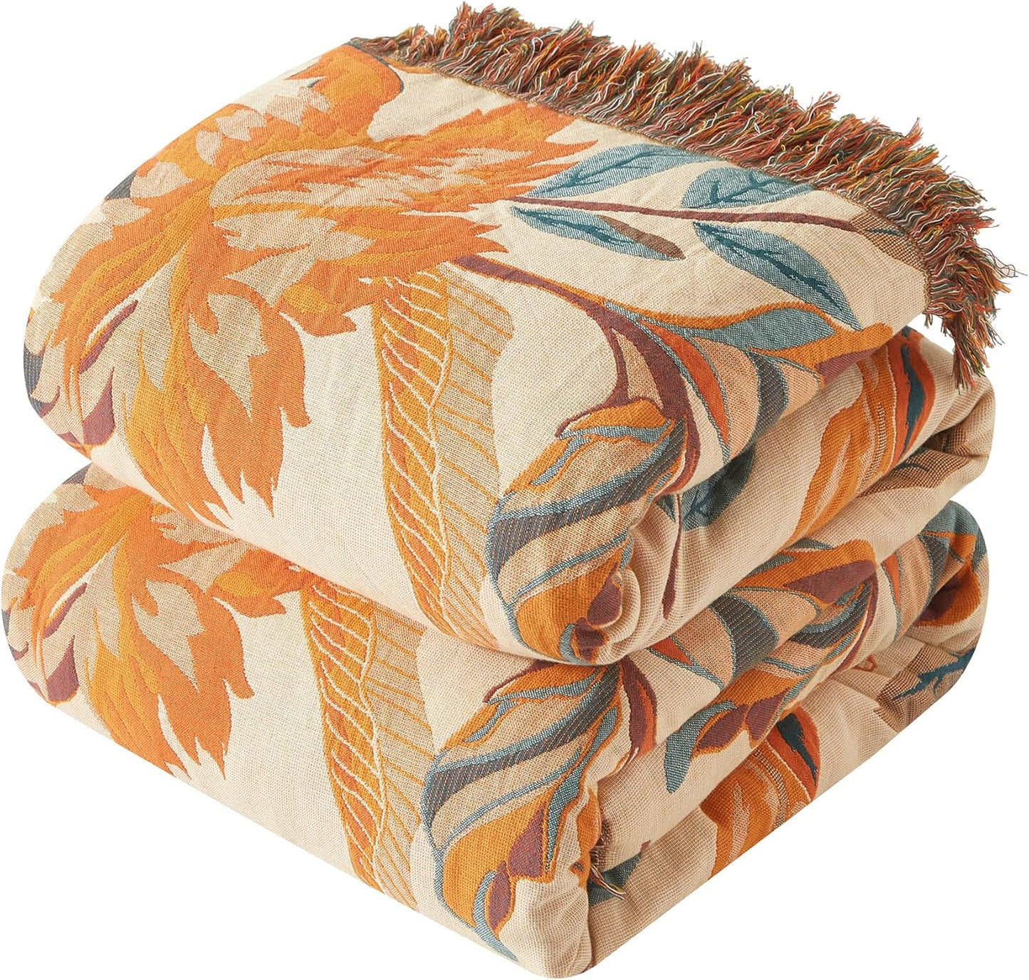 Boho Throw Blanket for Couch Sofa Bed, 100% Cotton Woven Quilt with Tassel 60”x80”, Super Soft Muslin Blanket with Floral Printed, Decorative Reversible Bed Blanket/Cover for All Seasons