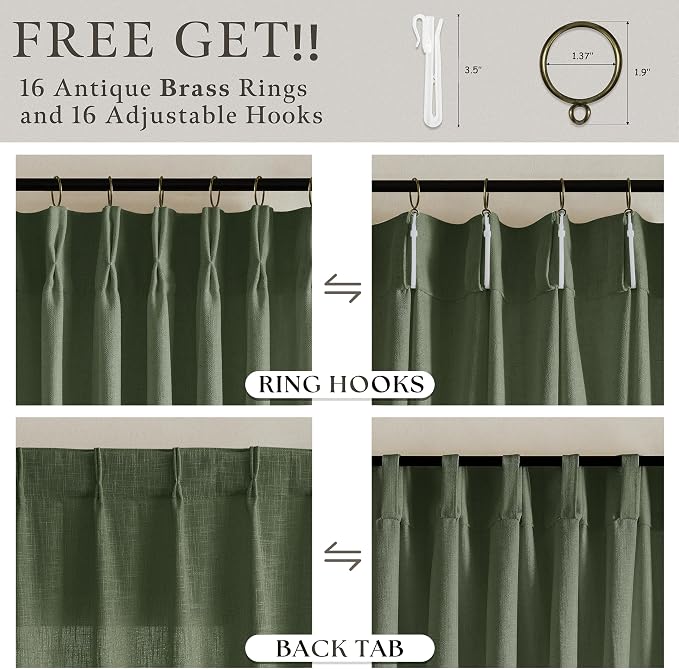 102 Inch Green Linen Blend Semi Sheer Pinch Pleat Memory Shape Curtains 50W | - Image 5