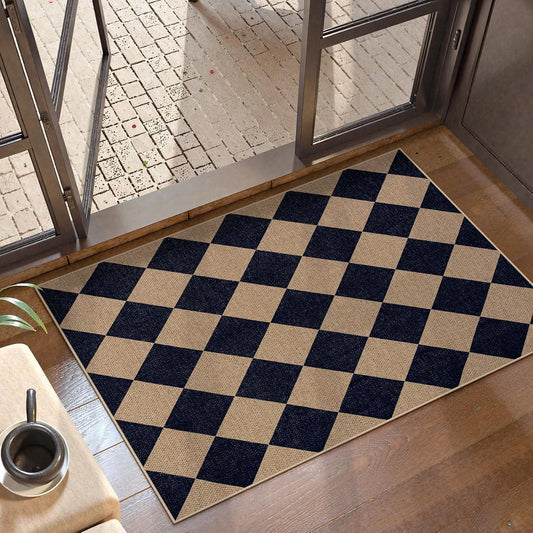 Lahome Checkered Easy Jute Kitchen Rug, 2x3 Indoor Door Mat Small Neutral Area Rug, Farmhouse Diamond Non Slip Non Shedding Lightweight Floor Carpet for Entry Porch