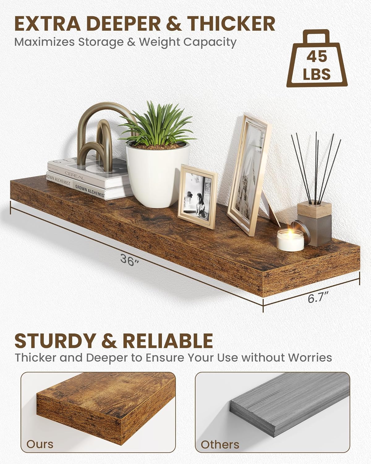Marsmiles 36" Floating Shelves for Wall, Wooden Shelves with Invisible Brackets Set of 2, Rustic Farmhouse Wall Mounted Shelf for Kitchen Bathroom Living Room Study, Rustic Brown